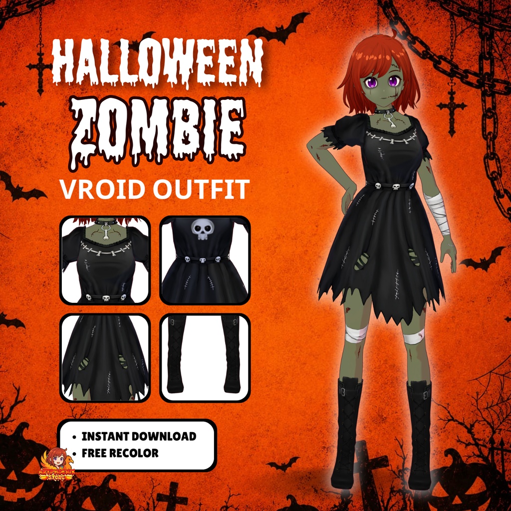 VRoid Halloween Zombie Outfit | Spooky Undead Dress & Skull Belt Set | Horror VTuber Fashion | 3D Custom Clothing for Anime Avatar