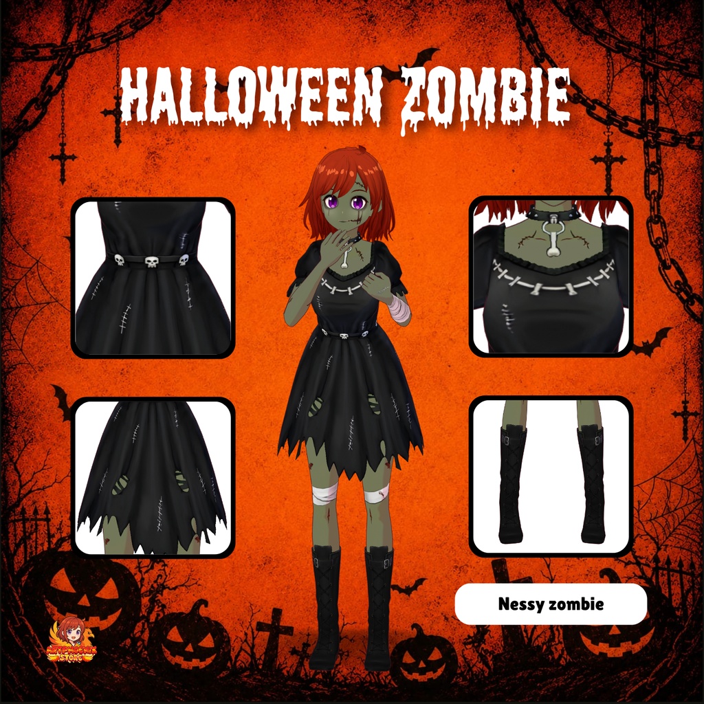 VRoid Halloween Zombie Outfit | Spooky Undead Dress & Skull Belt Set | Horror VTuber Fashion | 3D Custom Clothing for Anime Avatar