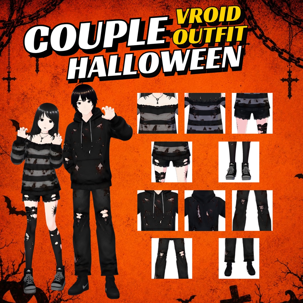 VRoid Clothing Halloween Couple Outfit Pack | Dark Horror Streetwear VTuber Fashion (Digital Download)