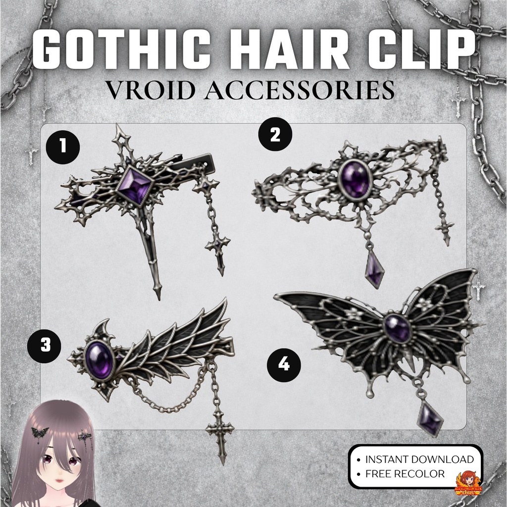 VRoid ゴシックヘアクリップ ゴシックストリートウェア | VTuberファンタジー | 3Dアクセサリー(デジタルダウンロード)