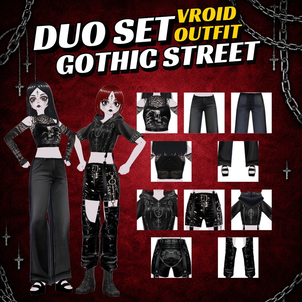 VRoid ゴシック・デュオ・アウトフィット|ダークストリートウェア お揃いセット|女性VTuber衣装|アニメアバター向け3Dカスタム|VRChat・VRM用衣装