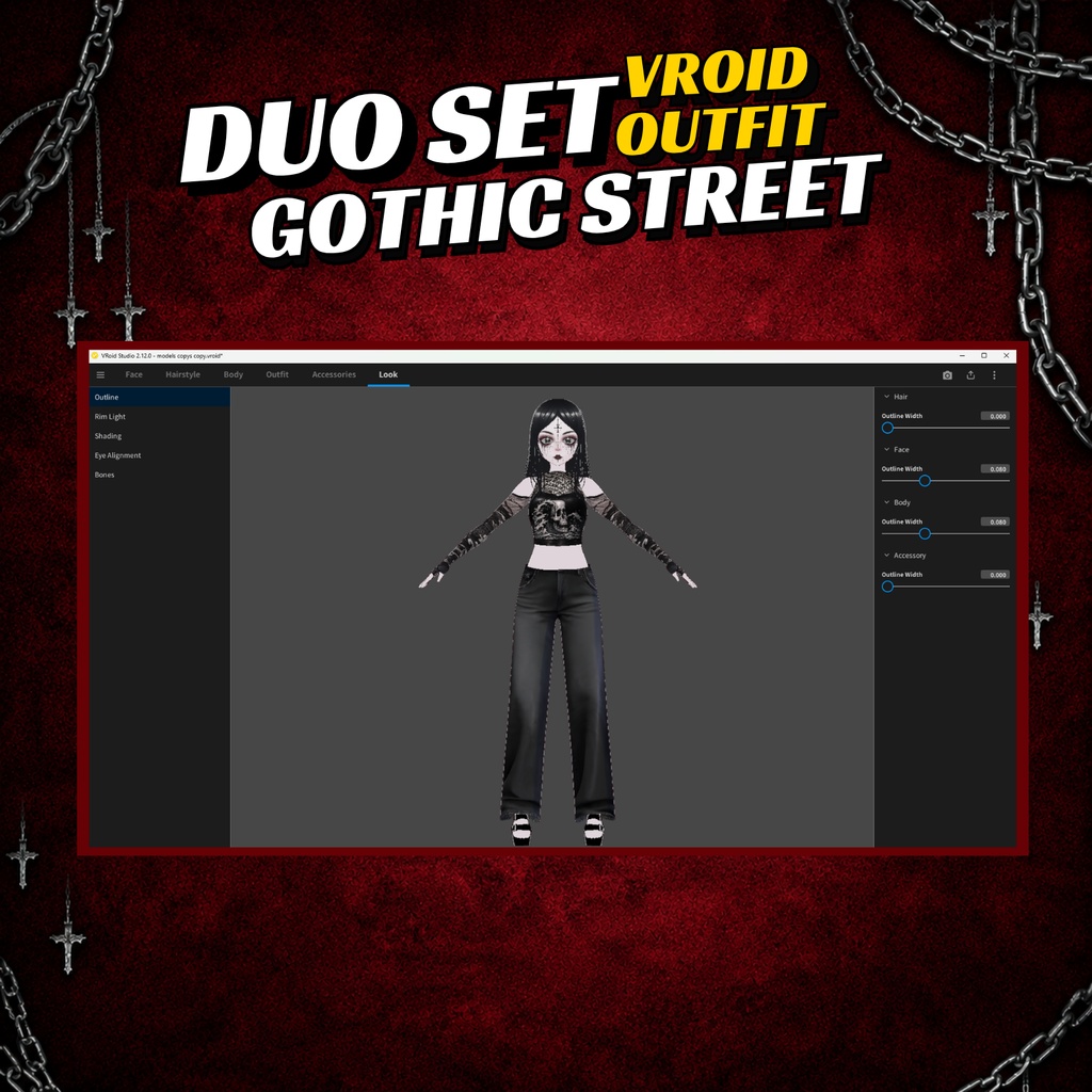 VRoid ゴシック・デュオ・アウトフィット|ダークストリートウェア お揃いセット|女性VTuber衣装|アニメアバター向け3Dカスタム|VRChat・VRM用衣装