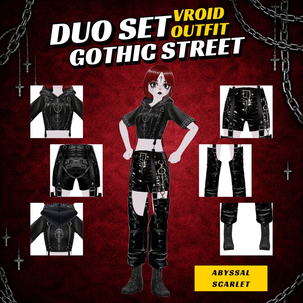VRoid ゴシック・デュオ・アウトフィット|ダークストリートウェア お揃いセット|女性VTuber衣装|アニメアバター向け3Dカスタム|VRChat・VRM用衣装
