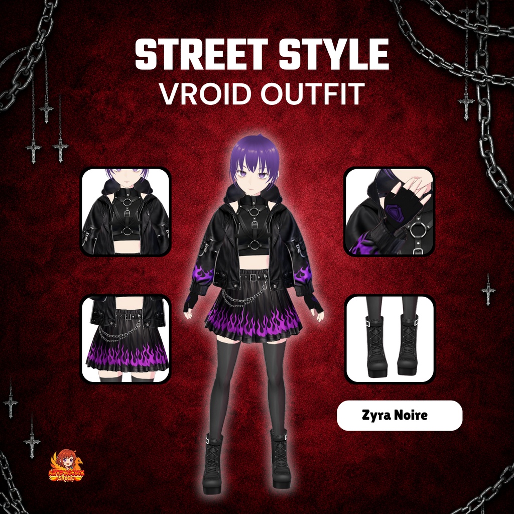 **VRoid ゴシック・フレイム衣装|VTuber向けパンク・ストリートウェア|ジャケット&チェーンスカートセット|デジタルダウンロード**