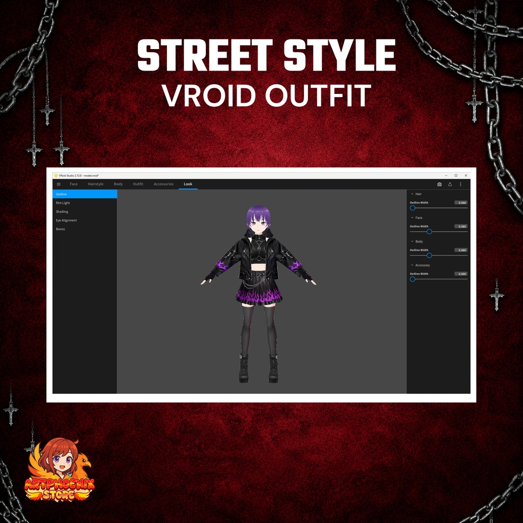 **VRoid ゴシック・フレイム衣装|VTuber向けパンク・ストリートウェア|ジャケット&チェーンスカートセット|デジタルダウンロード**
