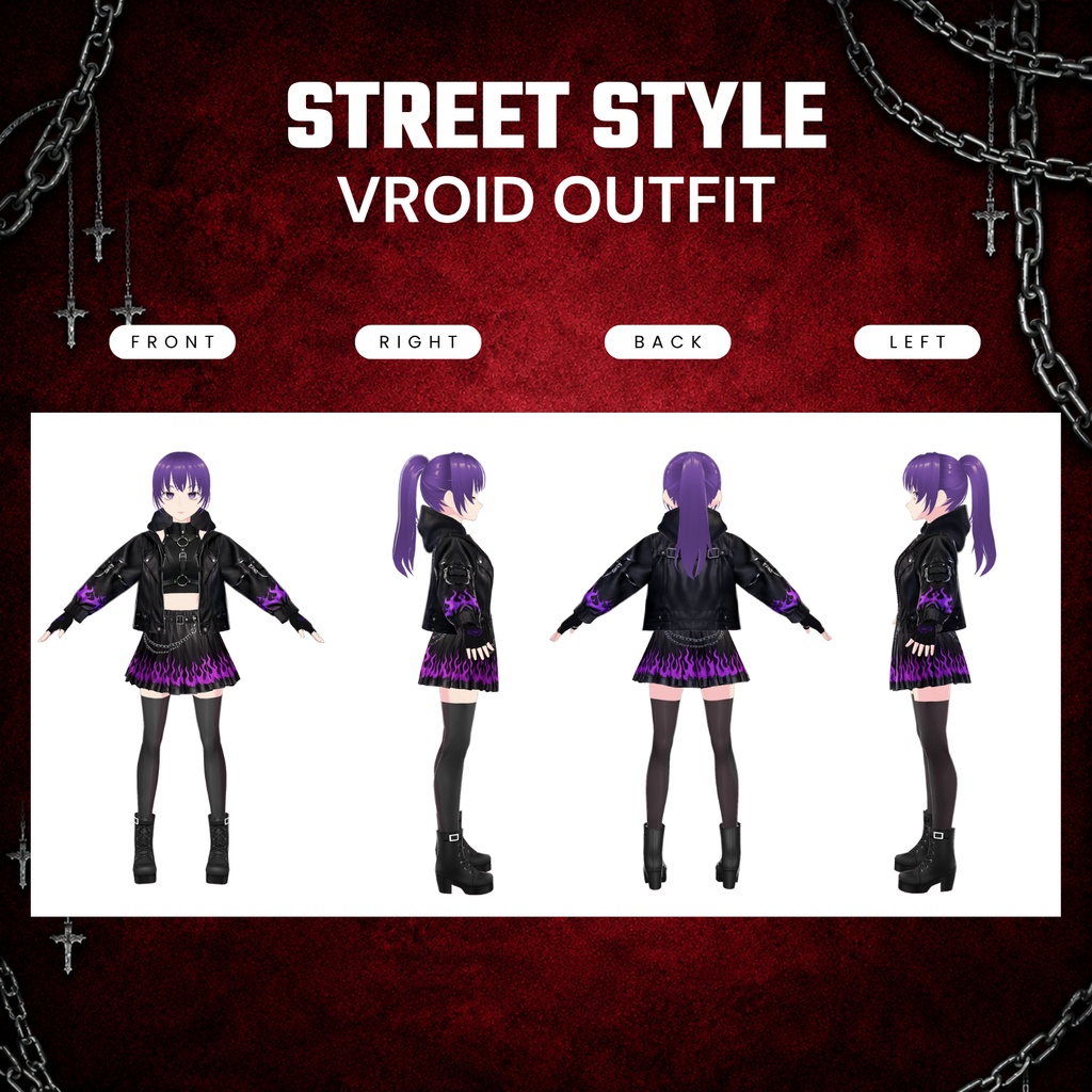 **VRoid ゴシック・フレイム衣装|VTuber向けパンク・ストリートウェア|ジャケット&チェーンスカートセット|デジタルダウンロード**