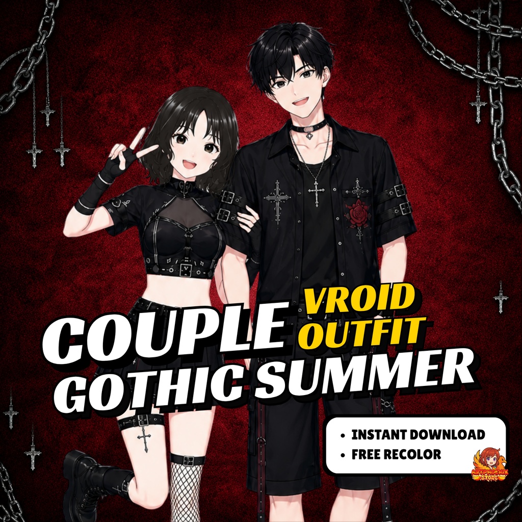 VRoid ゴシック・サマーカップル衣装｜ダークストリートウェア VTuberファッションセット