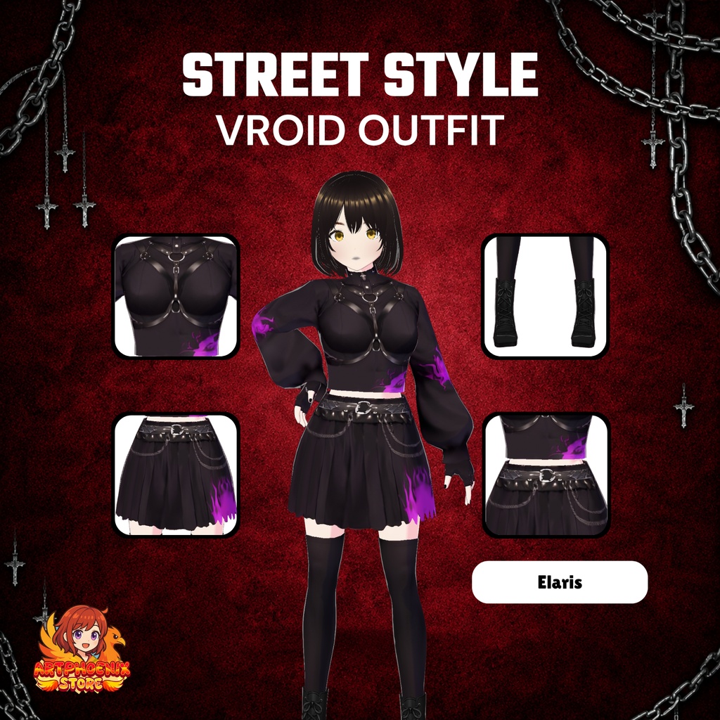 VRoid ゴシック・パープルフレイム ストリートウェア衣装|パープルフレイム・ハーネスクロップトップ&スカート