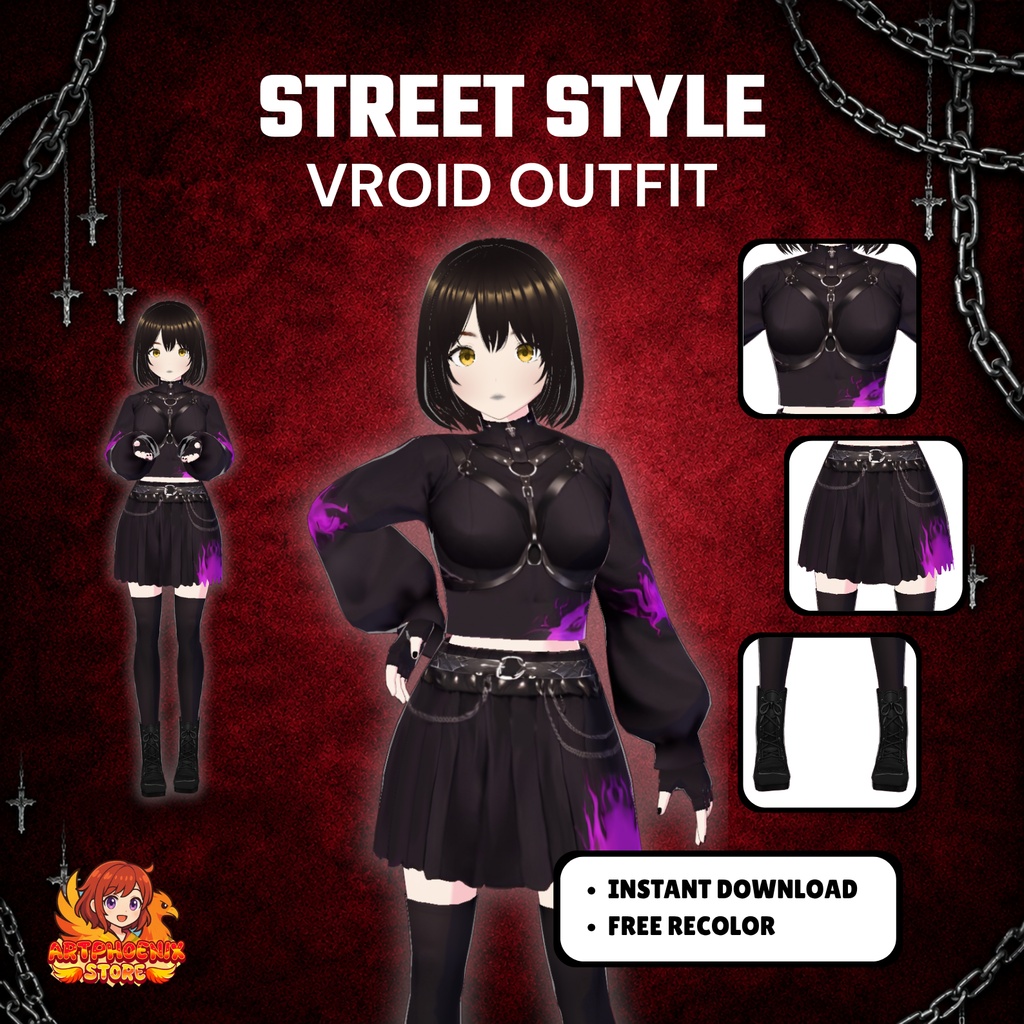 VRoid ゴシック・パープルフレイム ストリートウェア衣装｜パープルフレイム・ハーネスクロップトップ＆スカート