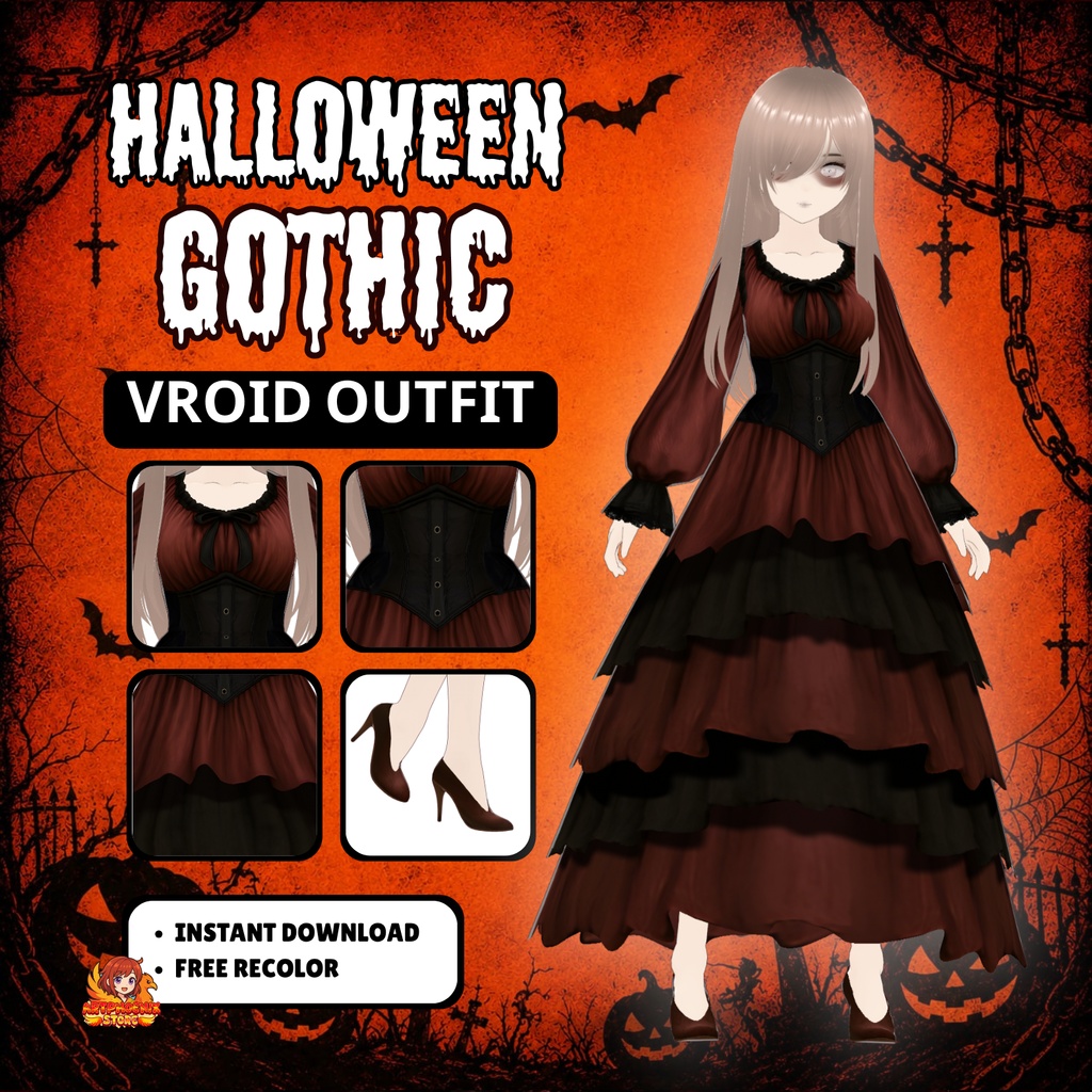 **VRoid ハロウィン ゴシックドレス | ダークヴァンパイア・ヴィクトリアン衣装(デジタルダウンロード)**