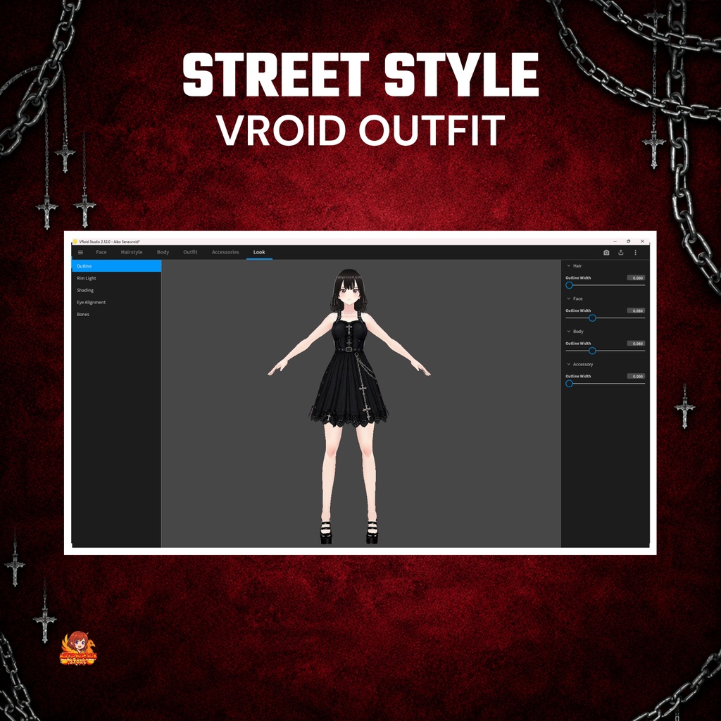 **VRoid ゴスドレス | コルセット衣装 | ゴシックストリートウェア | ファンタジーVTuberファッション | アニメ用3Dカスタム衣装**