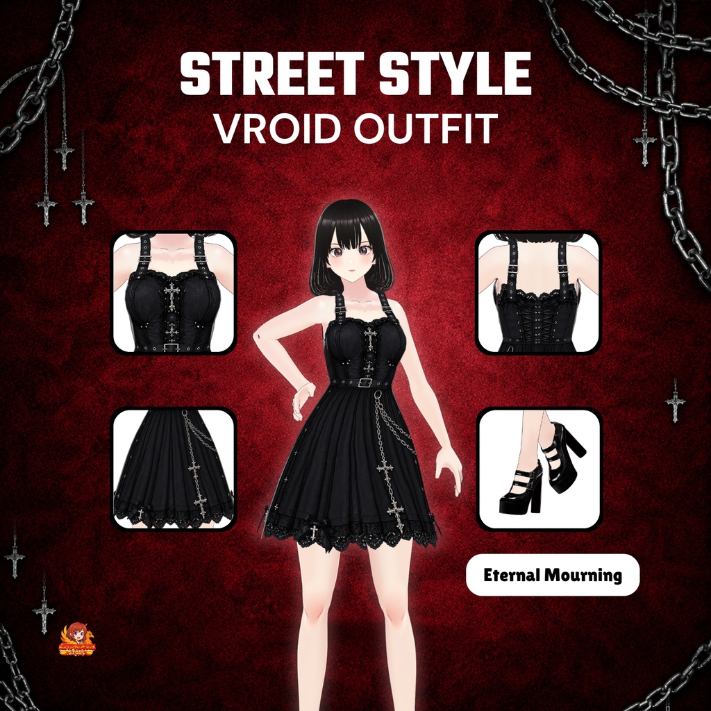 **VRoid ゴスドレス | コルセット衣装 | ゴシックストリートウェア | ファンタジーVTuberファッション | アニメ用3Dカスタム衣装**