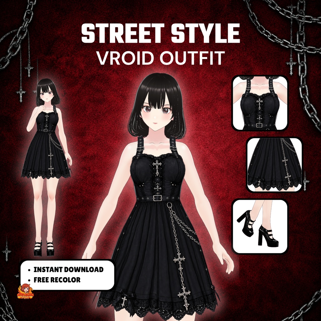 **VRoid ゴスドレス | コルセット衣装 | ゴシックストリートウェア | ファンタジーVTuberファッション | アニメ用3Dカスタム衣装**