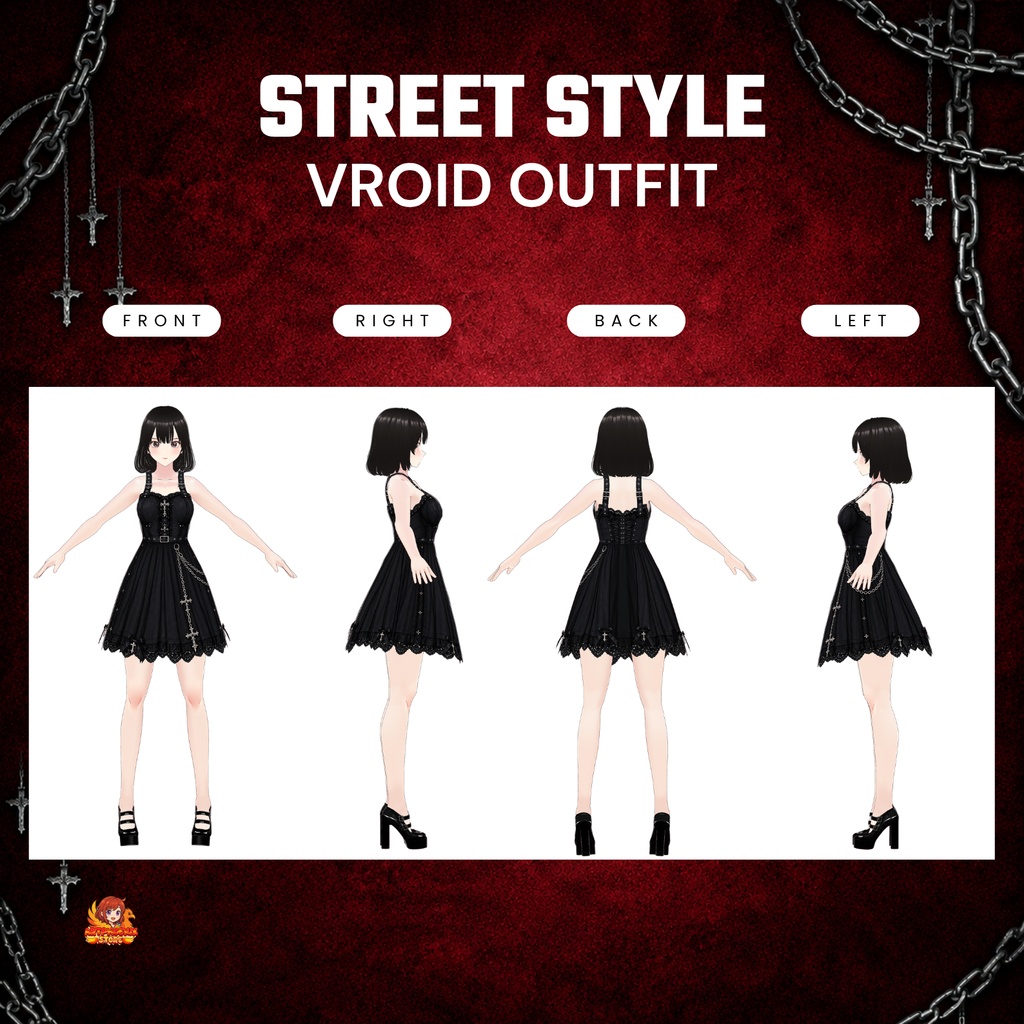 **VRoid ゴスドレス | コルセット衣装 | ゴシックストリートウェア | ファンタジーVTuberファッション | アニメ用3Dカスタム衣装**