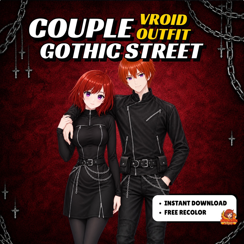 Gothic Streetwear Couple Outfit | ブラックドレス&ジャケット(VRoidデジタルダウンロード)