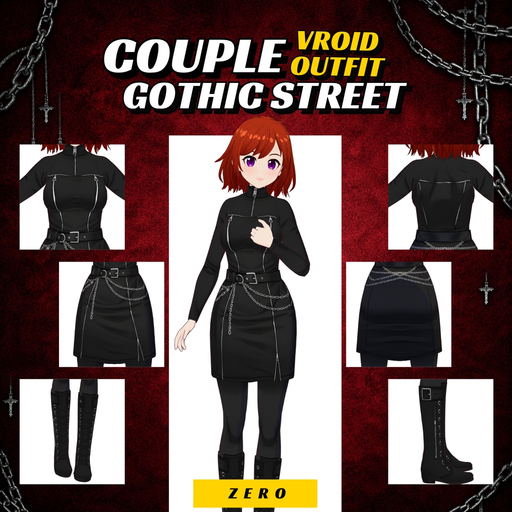 Gothic Streetwear Couple Outfit | ブラックドレス&ジャケット(VRoidデジタルダウンロード)