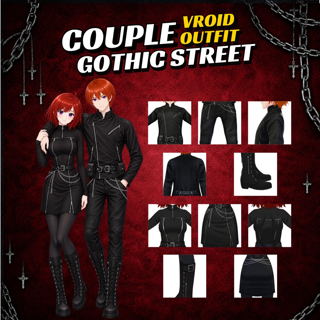 Gothic Streetwear Couple Outfit | ブラックドレス&ジャケット(VRoidデジタルダウンロード)