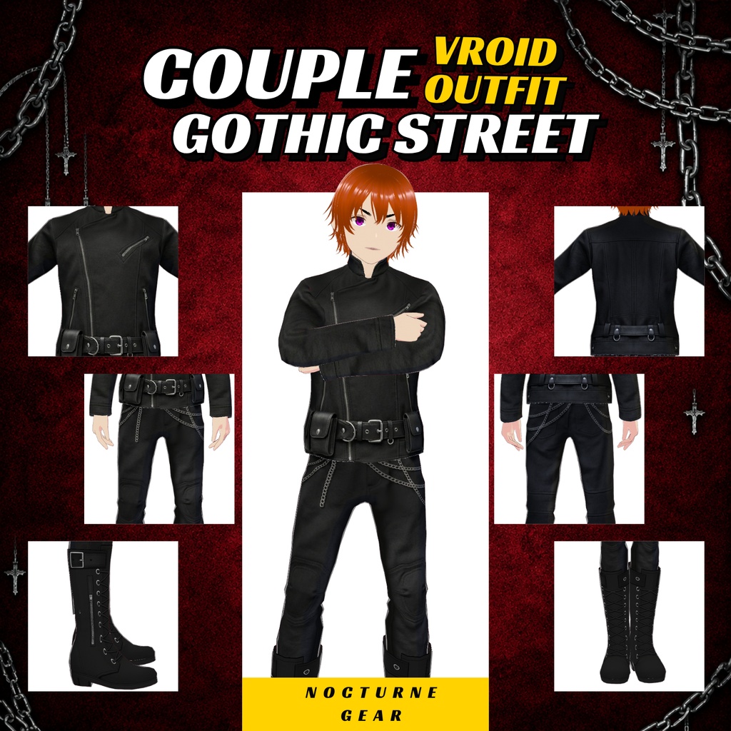 Gothic Streetwear Couple Outfit | ブラックドレス&ジャケット(VRoidデジタルダウンロード)