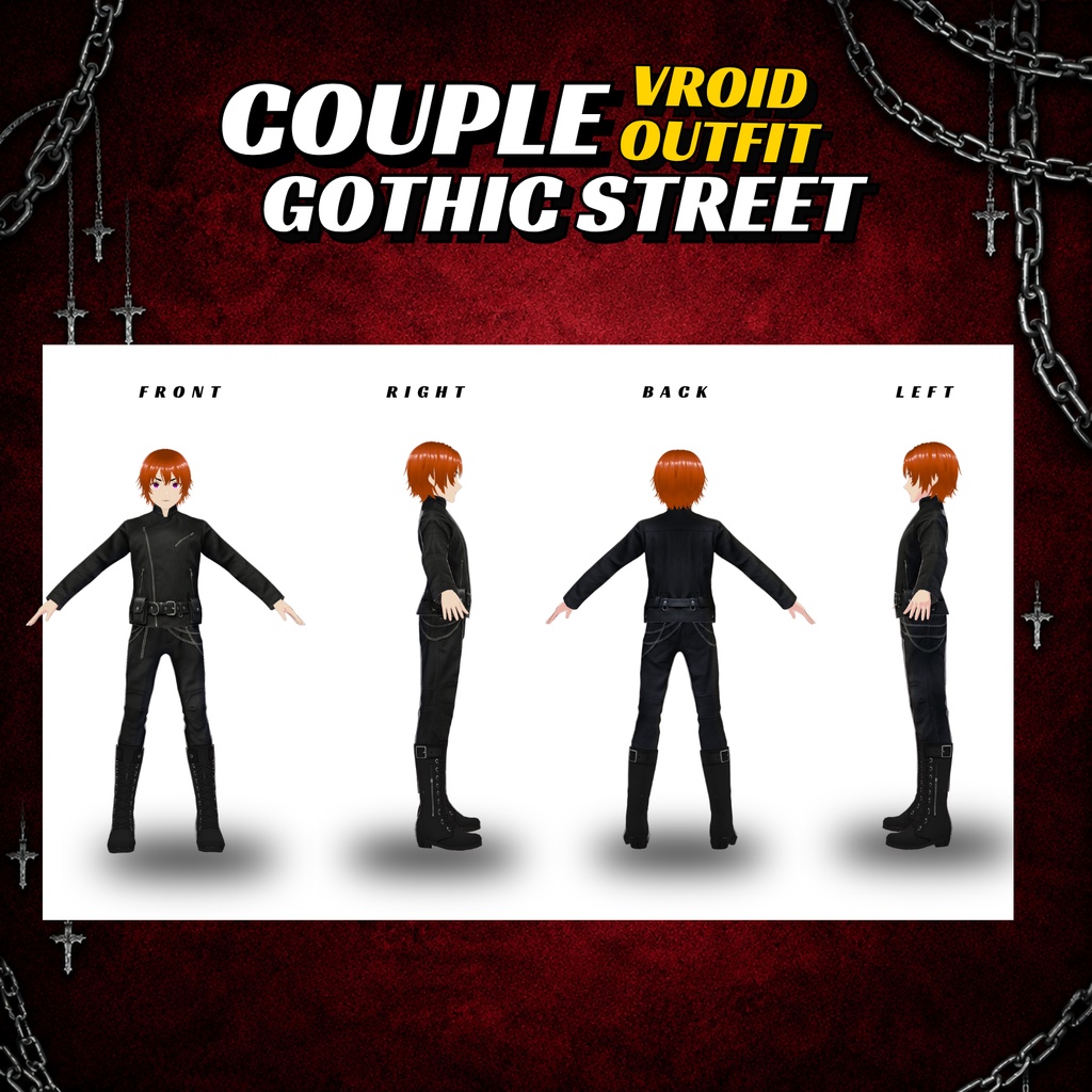 Gothic Streetwear Couple Outfit | ブラックドレス&ジャケット(VRoidデジタルダウンロード)