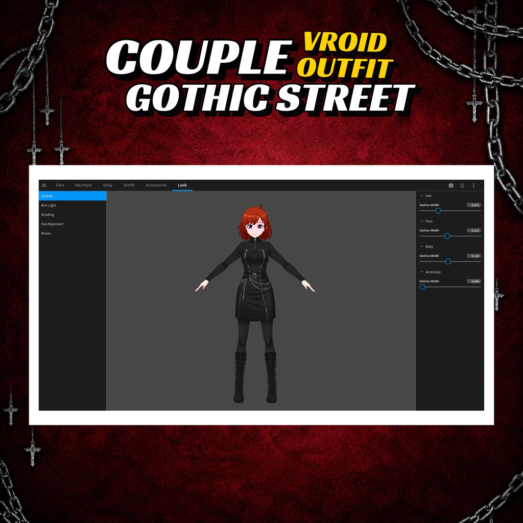 Gothic Streetwear Couple Outfit | ブラックドレス&ジャケット(VRoidデジタルダウンロード)