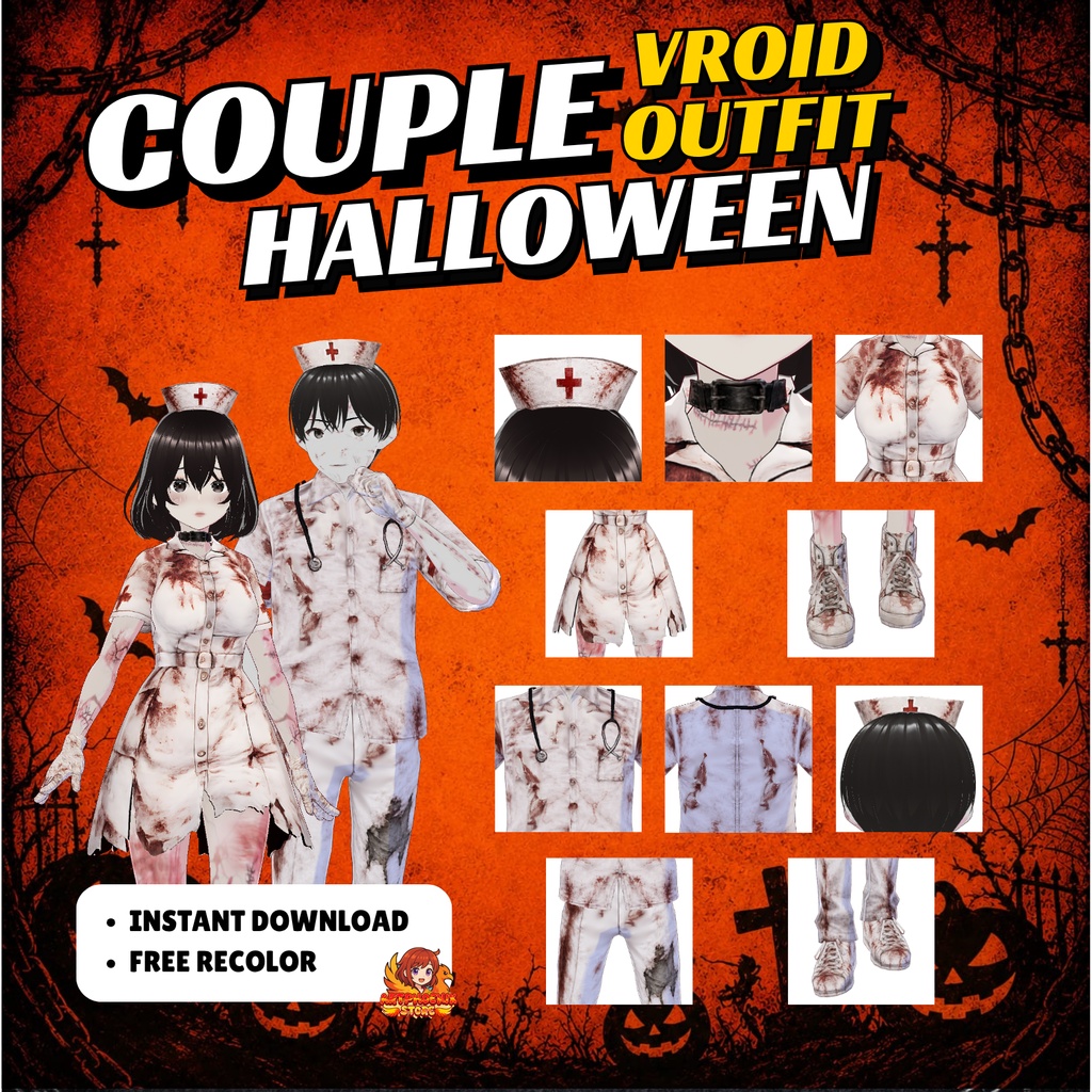VRoid ハロウィン・カップル衣装 | ゾンビナース&ドクターコスチューム | ゴシックホラー VTuberファッション | アニメアバター向け3Dカスタム衣装