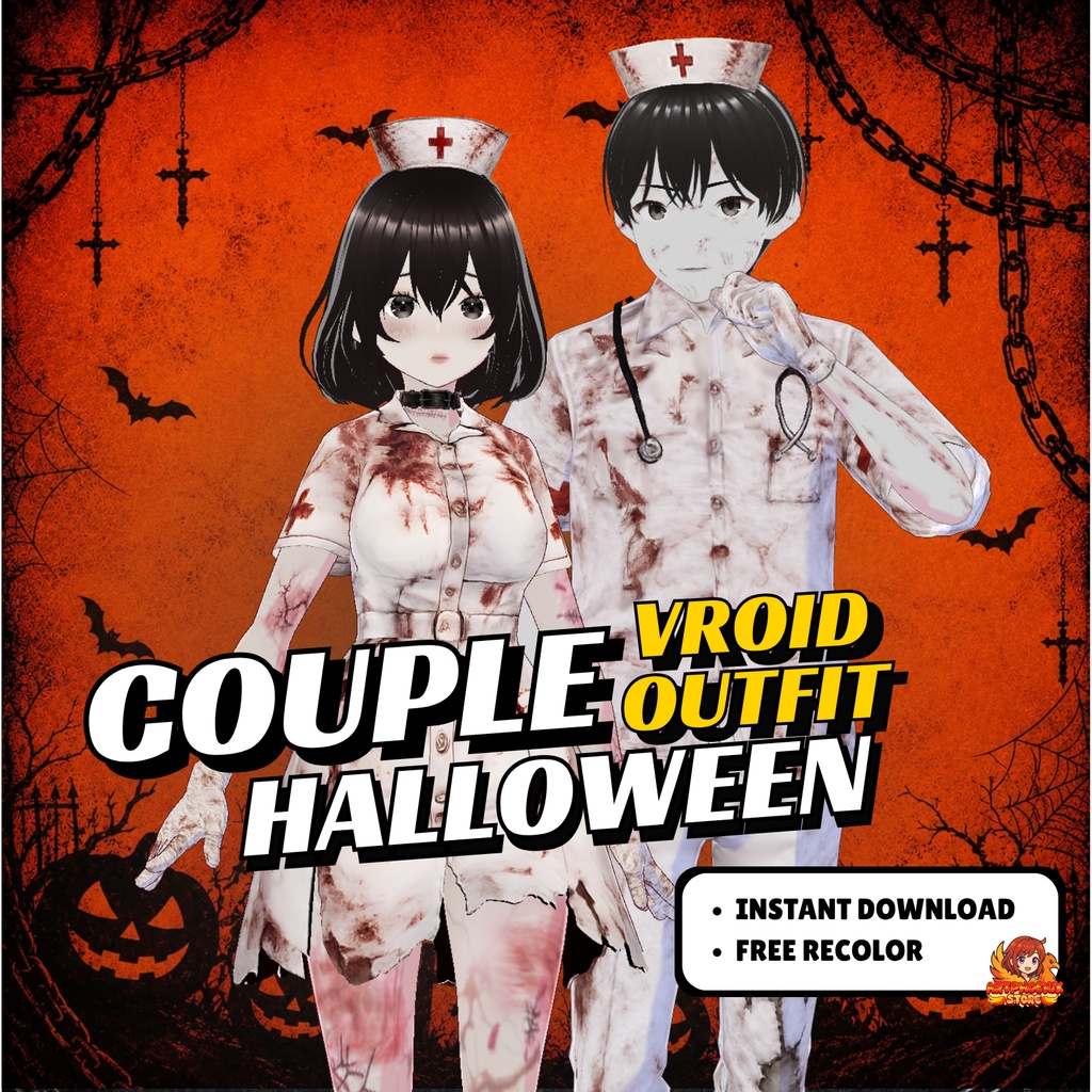 VRoid ハロウィン・カップル衣装 | ゾンビナース&ドクターコスチューム | ゴシックホラー VTuberファッション | アニメアバター向け3Dカスタム衣装
