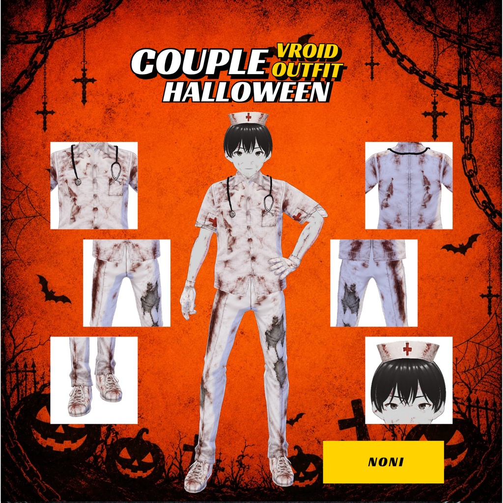 VRoid ハロウィン・カップル衣装 | ゾンビナース&ドクターコスチューム | ゴシックホラー VTuberファッション | アニメアバター向け3Dカスタム衣装