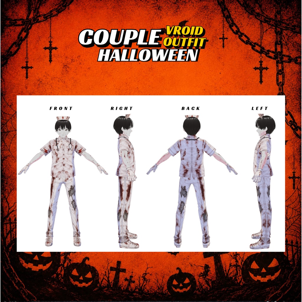 VRoid ハロウィン・カップル衣装 | ゾンビナース&ドクターコスチューム | ゴシックホラー VTuberファッション | アニメアバター向け3Dカスタム衣装