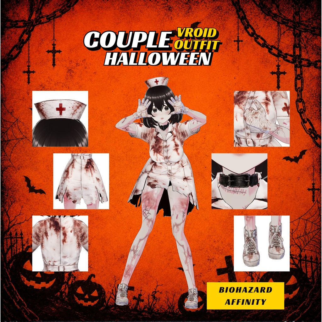 VRoid ハロウィン・カップル衣装 | ゾンビナース&ドクターコスチューム | ゴシックホラー VTuberファッション | アニメアバター向け3Dカスタム衣装