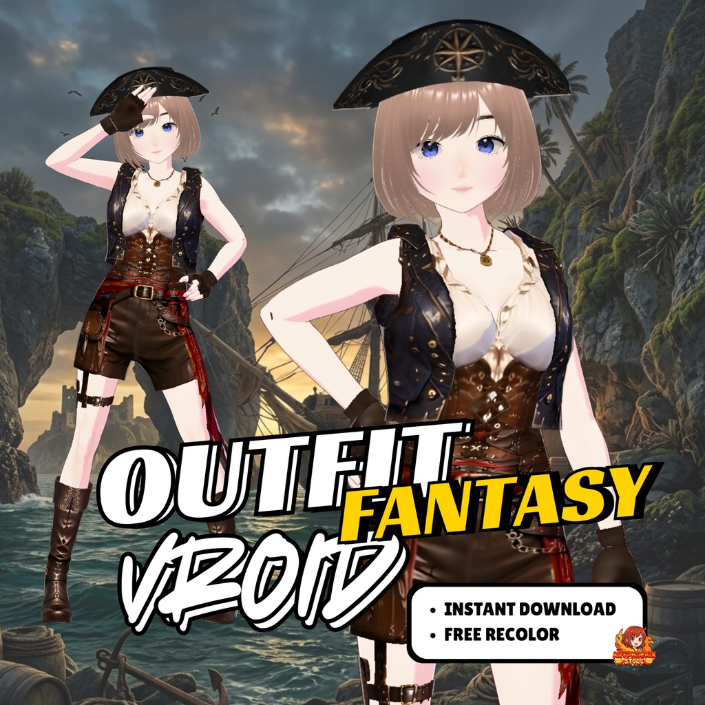 VRoid 海賊キャプテン衣装 | ファンタジー海賊帽&コルセット | バッカニアコスチューム | アニメアバターファッション(デジタルダウンロード)