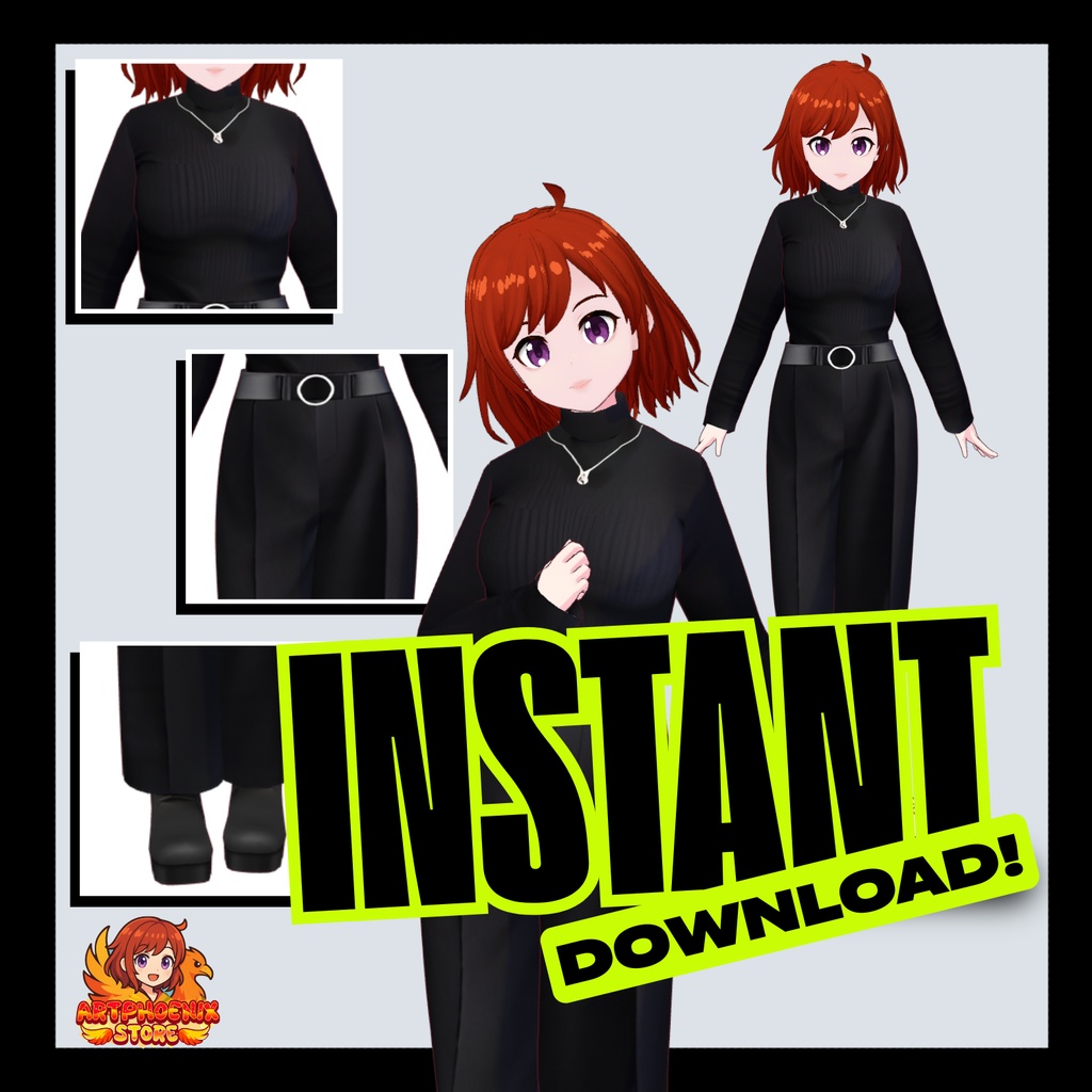 VRoid カジュアル衣装 | ブラックタートルネック&ベルト付きパンツ | ユニセックス | デジタルダウンロード