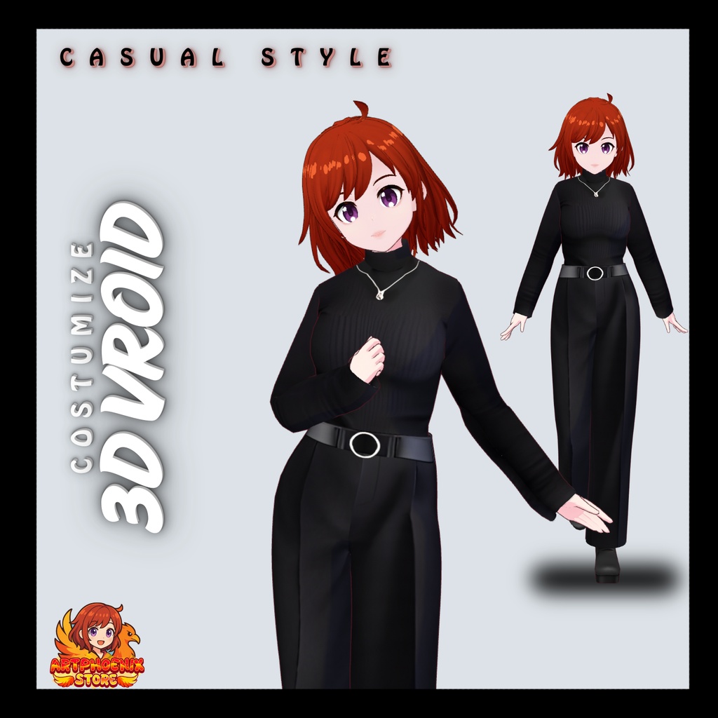 VRoid カジュアル衣装 | ブラックタートルネック&ベルト付きパンツ | ユニセックス | デジタルダウンロード