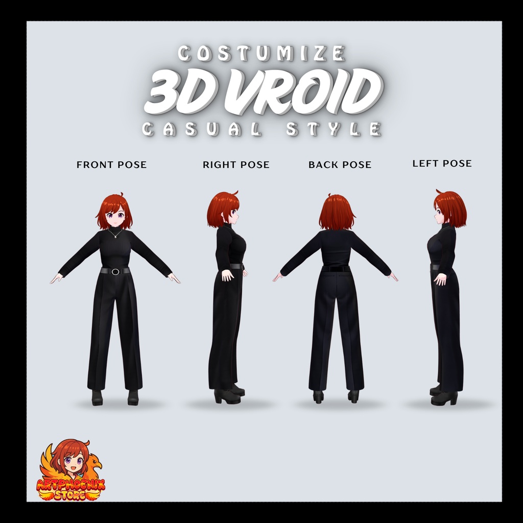 VRoid カジュアル衣装 | ブラックタートルネック&ベルト付きパンツ | ユニセックス | デジタルダウンロード