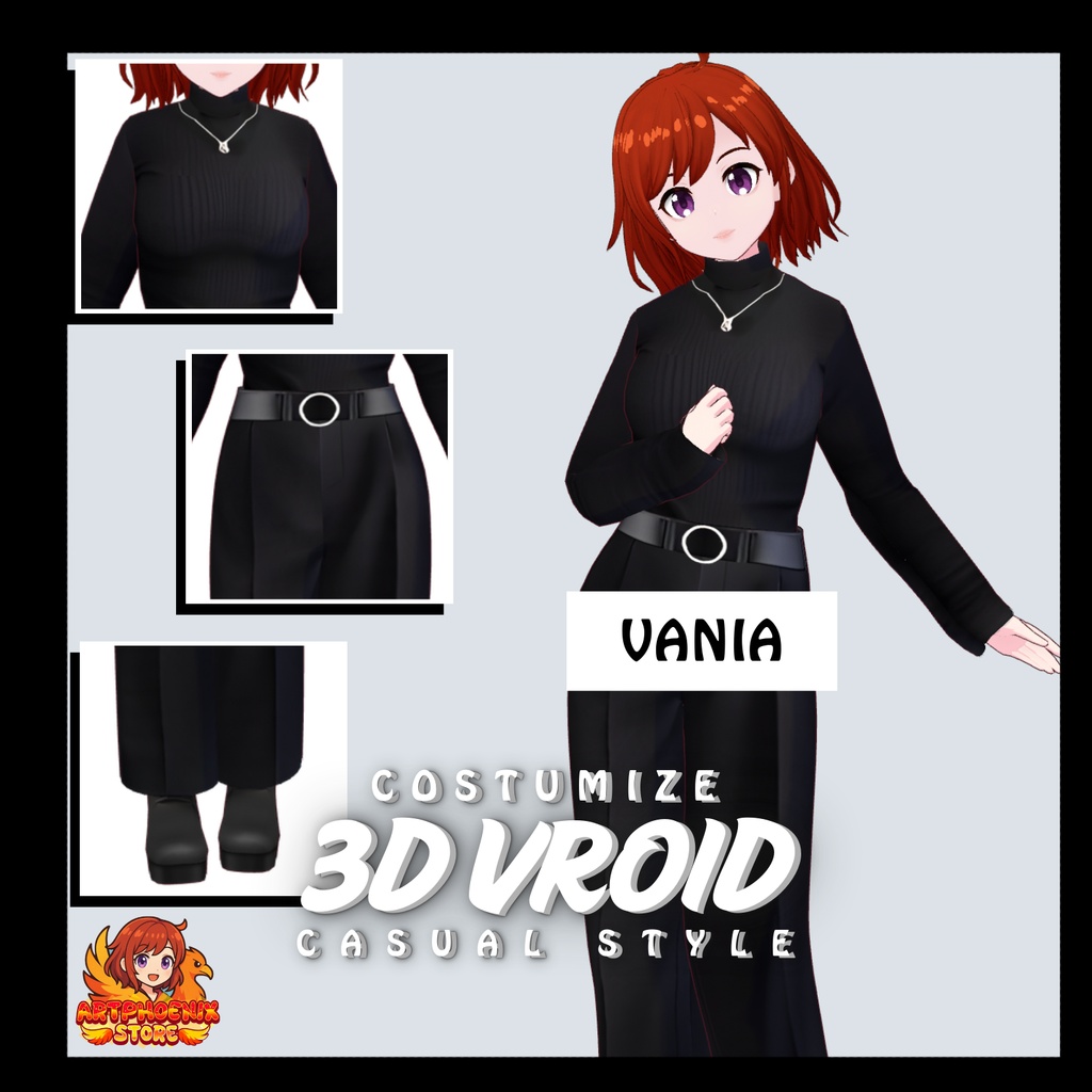 VRoid カジュアル衣装 | ブラックタートルネック＆ベルト付きパンツ | ユニセックス | デジタルダウンロード