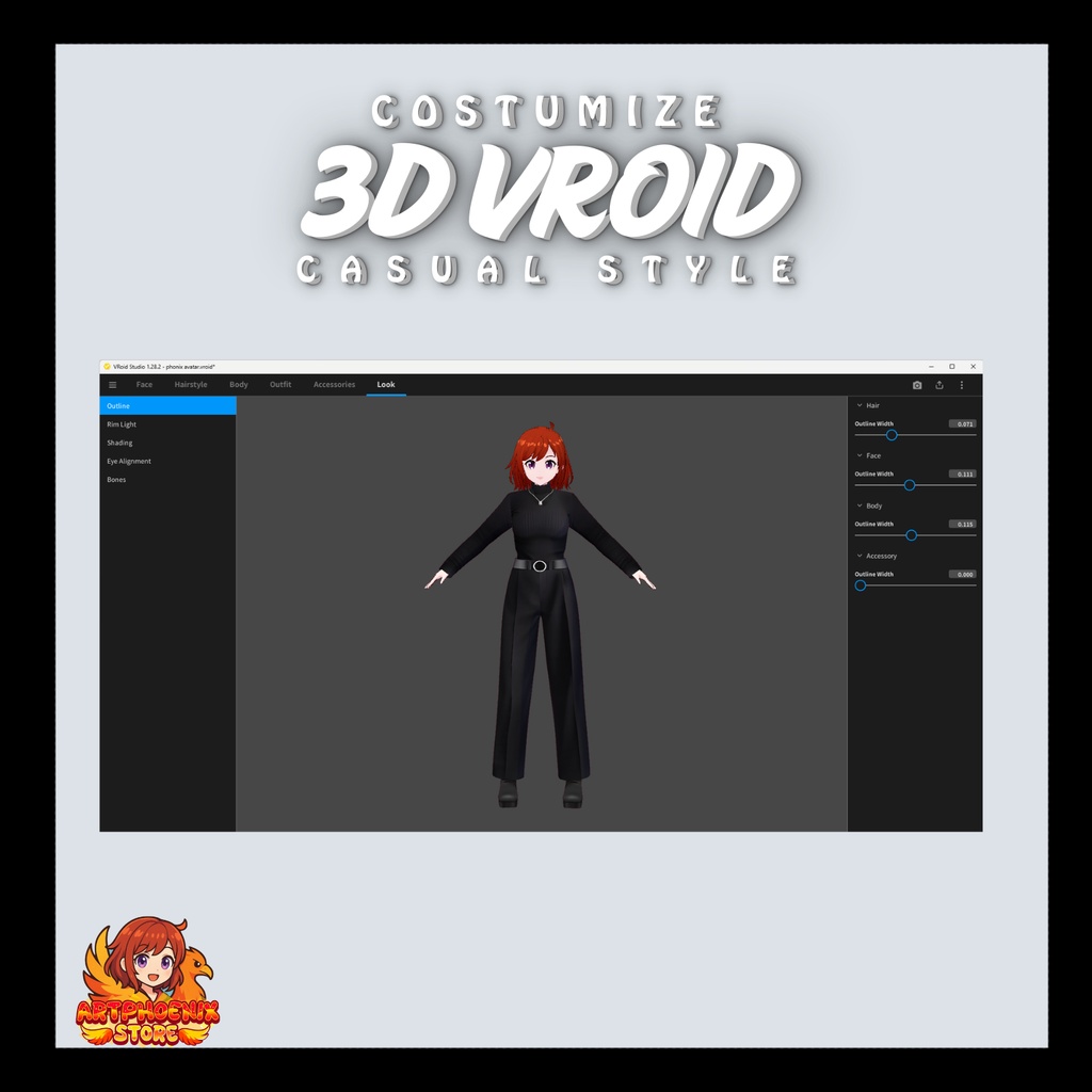 VRoid カジュアル衣装 | ブラックタートルネック&ベルト付きパンツ | ユニセックス | デジタルダウンロード