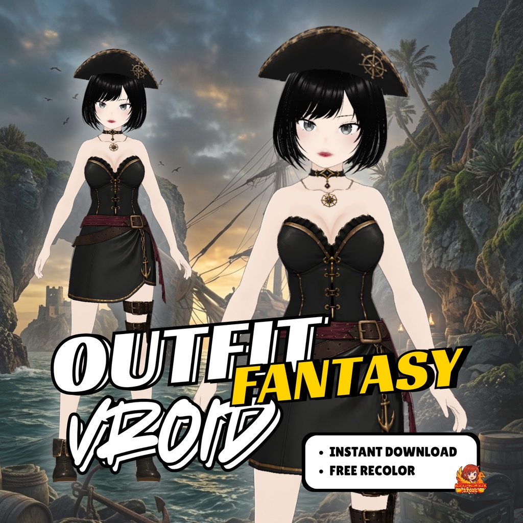 **VRoid 海賊衣装セット | ゴシックファンタジー VTuberファッション | モジュラー式アバターアセット(デジタルダウンロード)