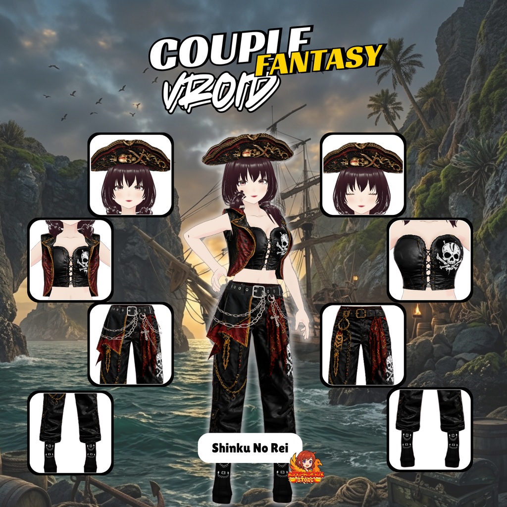 **VRoid 海賊コスチューム・デュオ衣装 | ファンタジー海賊カップル衣装 | ゴシックパイレーツファッション | VTuber衣装 | アニメアバター向け3Dカスタム**