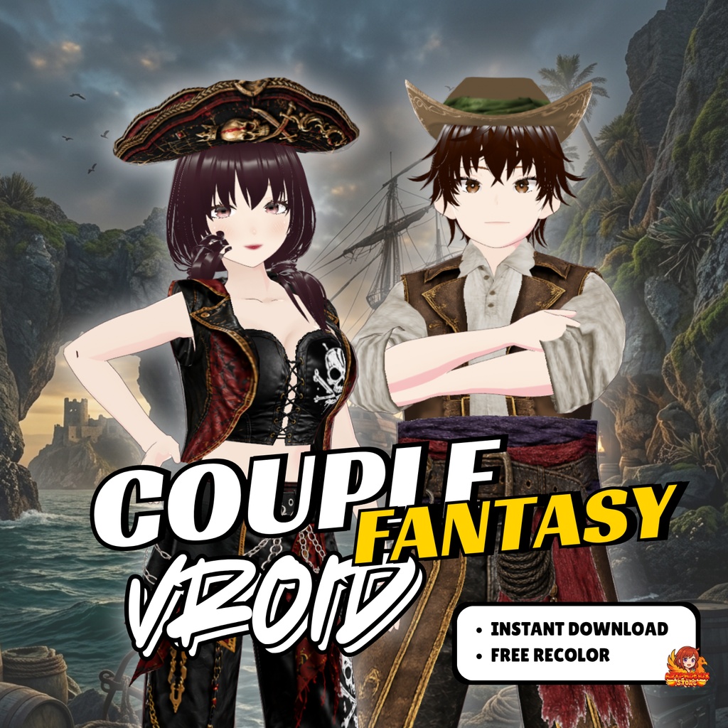 **VRoid 海賊コスチューム・デュオ衣装 | ファンタジー海賊カップル衣装 | ゴシックパイレーツファッション | VTuber衣装 | アニメアバター向け3Dカスタム**