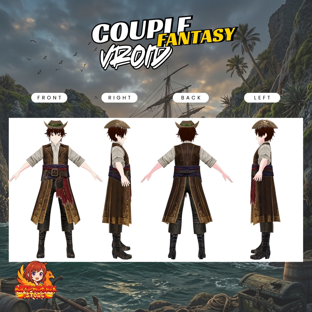 **VRoid 海賊コスチューム・デュオ衣装 | ファンタジー海賊カップル衣装 | ゴシックパイレーツファッション | VTuber衣装 | アニメアバター向け3Dカスタム**