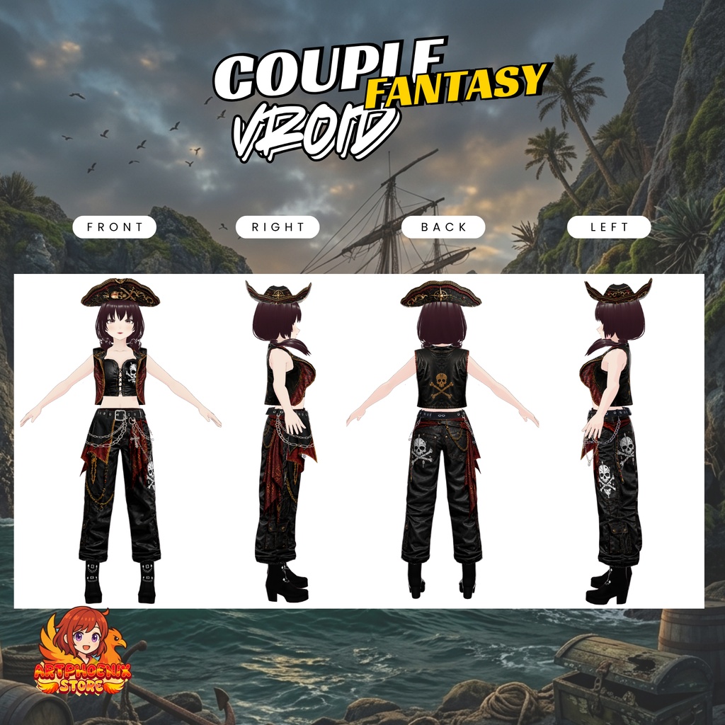 **VRoid 海賊コスチューム・デュオ衣装 | ファンタジー海賊カップル衣装 | ゴシックパイレーツファッション | VTuber衣装 | アニメアバター向け3Dカスタム**