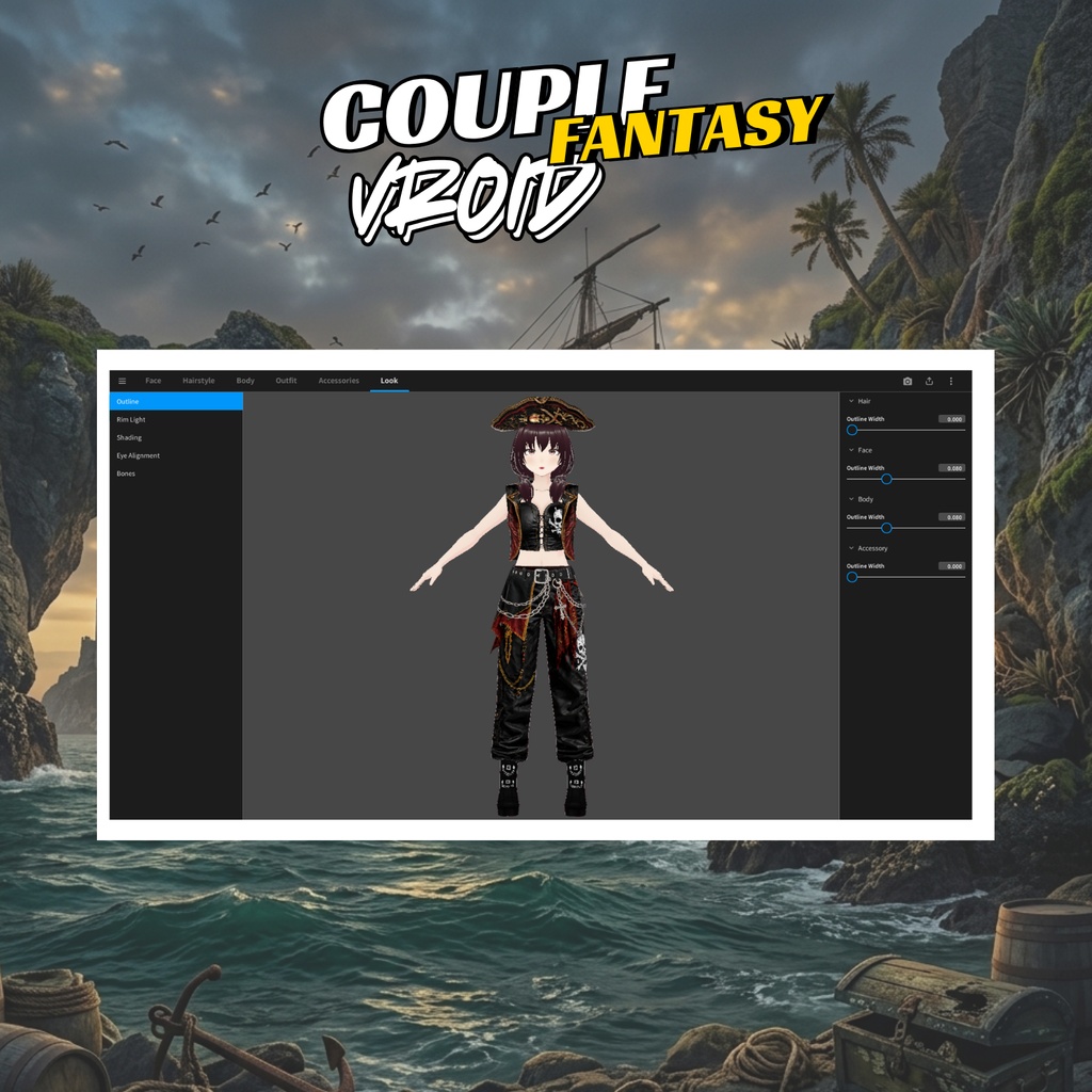 **VRoid 海賊コスチューム・デュオ衣装 | ファンタジー海賊カップル衣装 | ゴシックパイレーツファッション | VTuber衣装 | アニメアバター向け3Dカスタム**