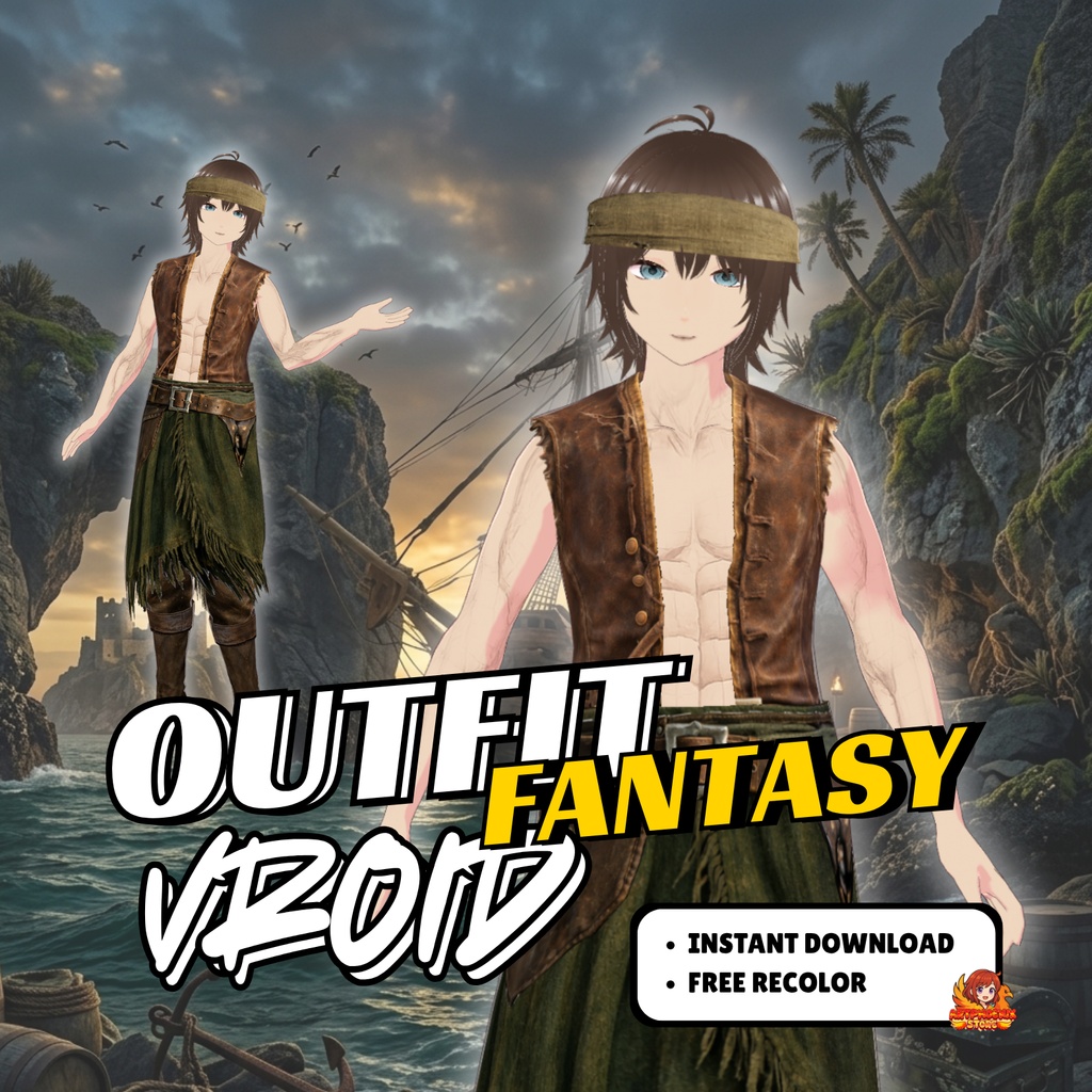 VRoid 男性海賊衣装 | レザーベスト・サッシュ・バンダナ(デジタルダウンロード)