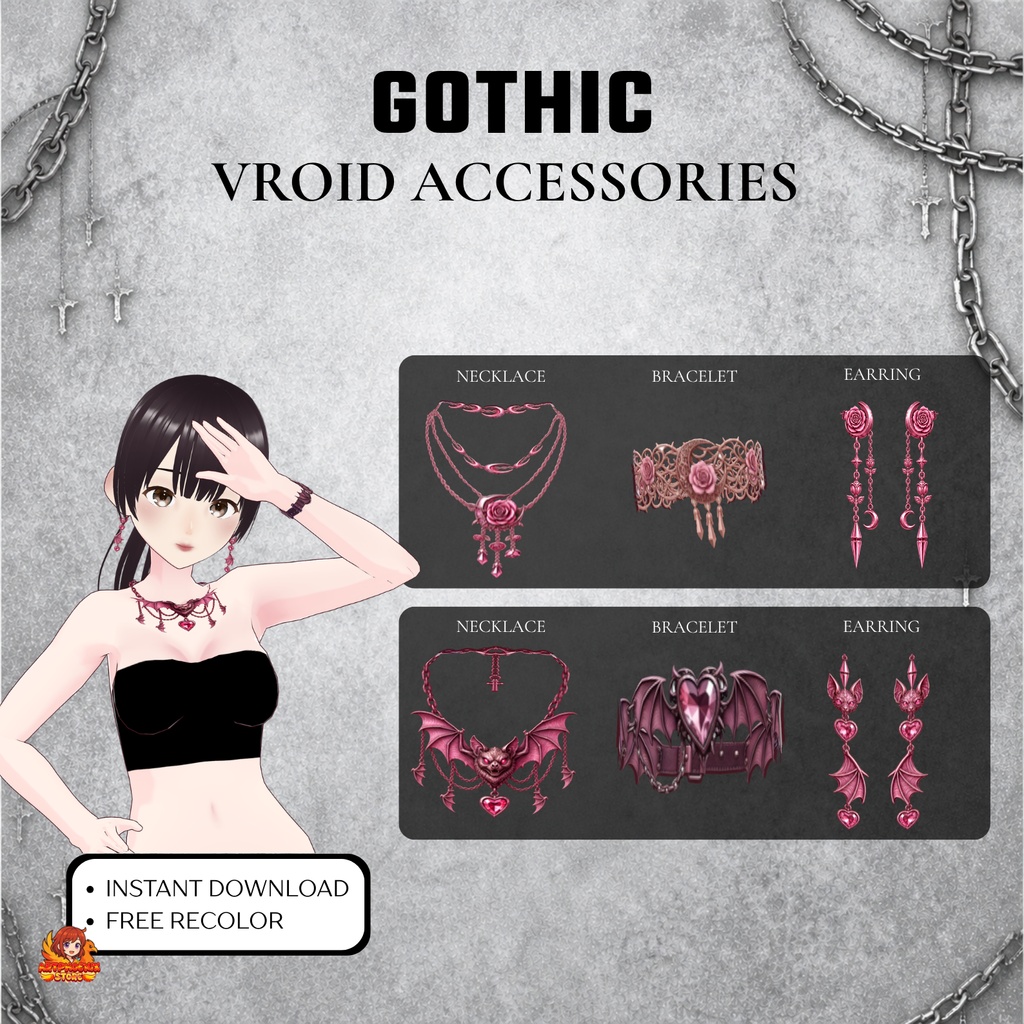 VRoid ゴシックアクセサリー | ゴシックジュエリーセット | チョーカーネックレス・ブレスレット・ピアス | ダークファンタジー VTuberファッション | アニメアバター