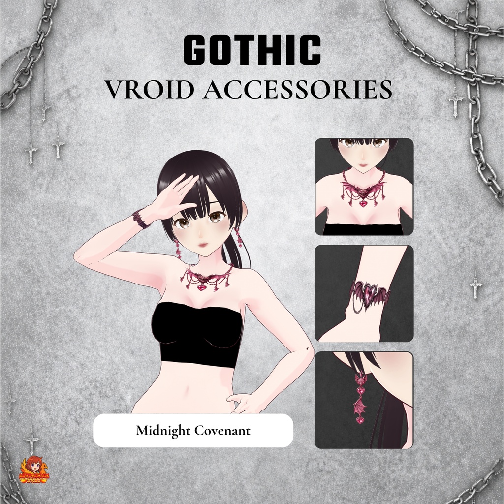 VRoid ゴシックアクセサリー | ゴシックジュエリーセット | チョーカーネックレス・ブレスレット・ピアス | ダークファンタジー VTuberファッション | アニメアバター