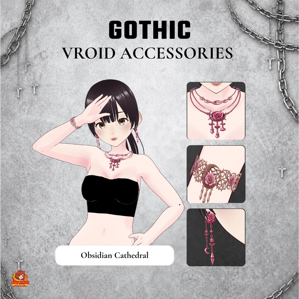 VRoid ゴシックアクセサリー | ゴシックジュエリーセット | チョーカーネックレス・ブレスレット・ピアス | ダークファンタジー VTuberファッション | アニメアバター