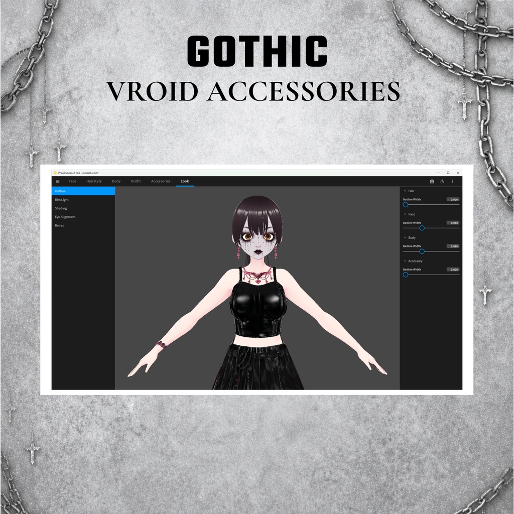 VRoid ゴシックアクセサリー | ゴシックジュエリーセット | チョーカーネックレス・ブレスレット・ピアス | ダークファンタジー VTuberファッション | アニメアバター