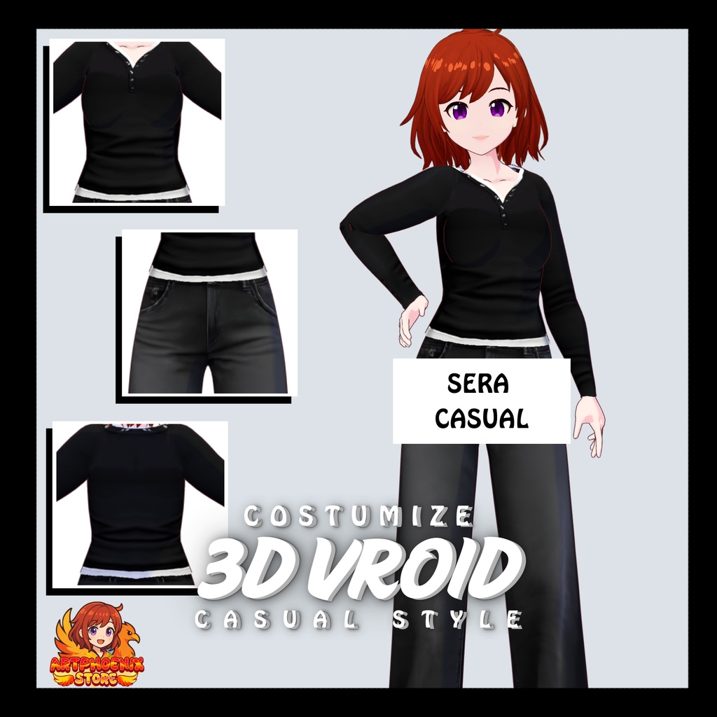 VRoid カジュアル衣装 | ブラック長袖トップス&ワイドレッグパンツ | ユニセックス | デジタルダウンロード