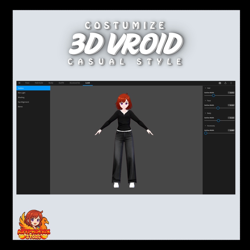 VRoid カジュアル衣装 | ブラック長袖トップス&ワイドレッグパンツ | ユニセックス | デジタルダウンロード