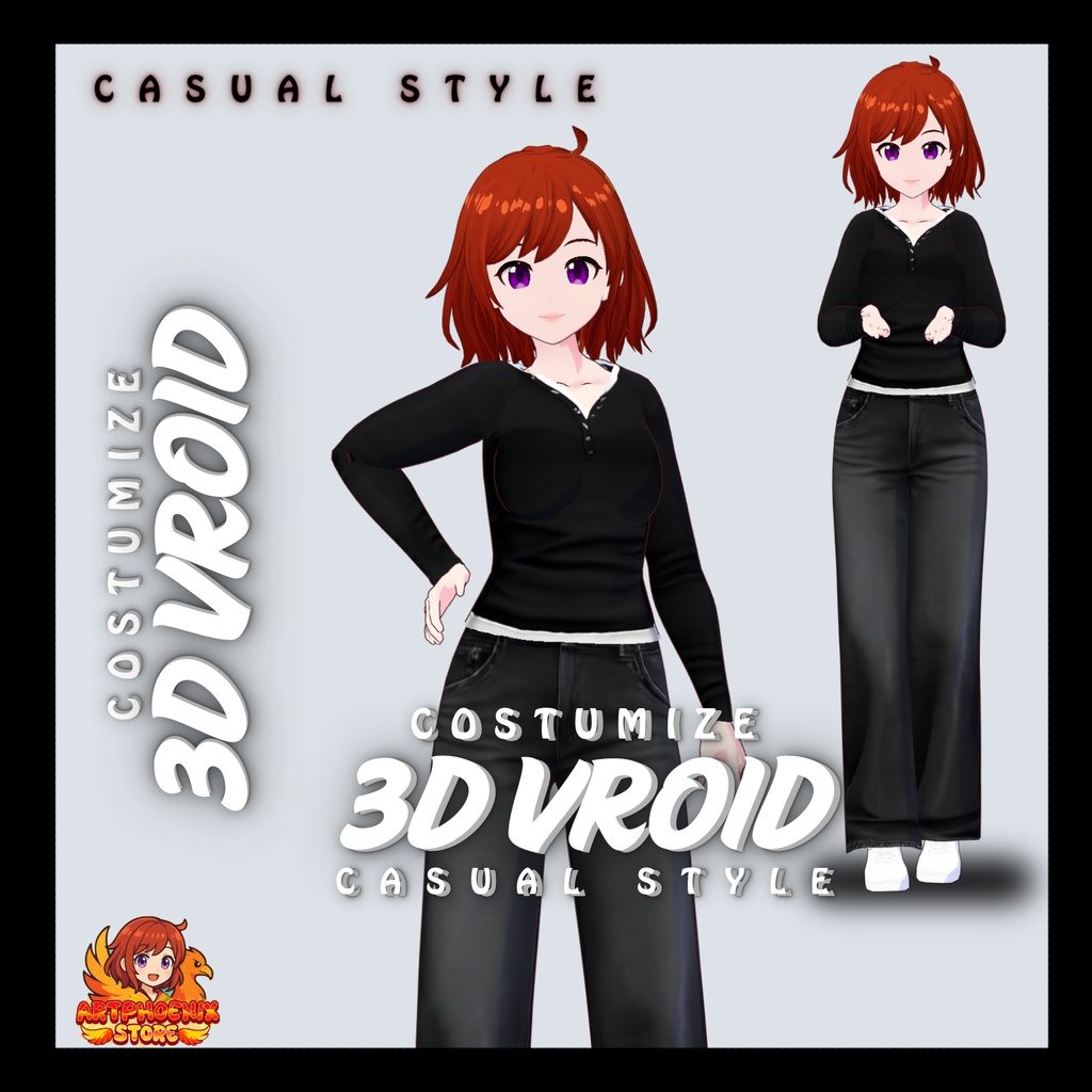 VRoid カジュアル衣装 | ブラック長袖トップス＆ワイドレッグパンツ | ユニセックス | デジタルダウンロード