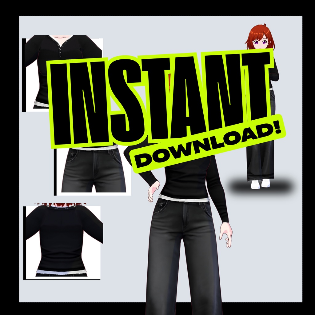 VRoid カジュアル衣装 | ブラック長袖トップス&ワイドレッグパンツ | ユニセックス | デジタルダウンロード